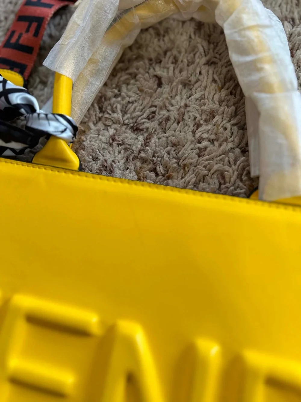 Fendi Yellow Roma Embossed Tote with Brown Logo Strap